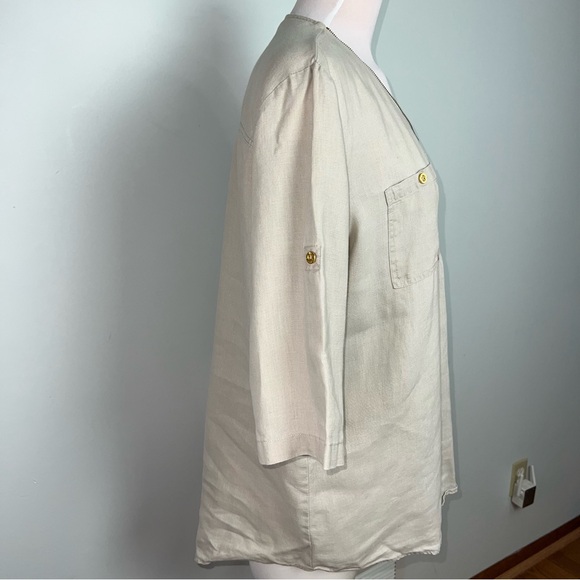Company Ellen Tracy Linen Blouse Women’s Large Sand Zip Front Roll Sleeve Top - Picture 8 of 13